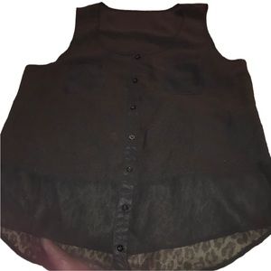 Black  large semi sheer front solid black sleeveless button down top